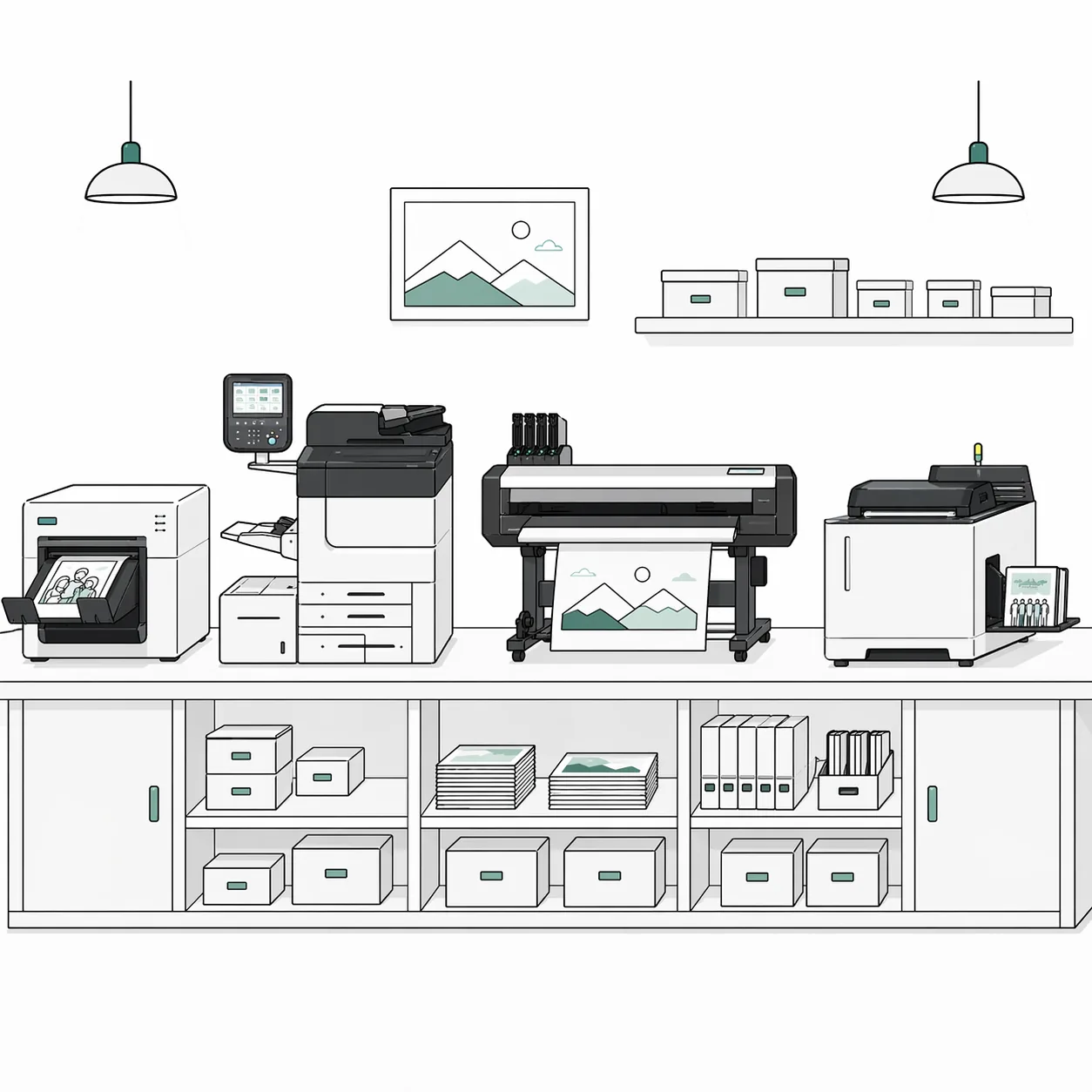 Ilustración de laboratorio fotográfico con impresoras y producción