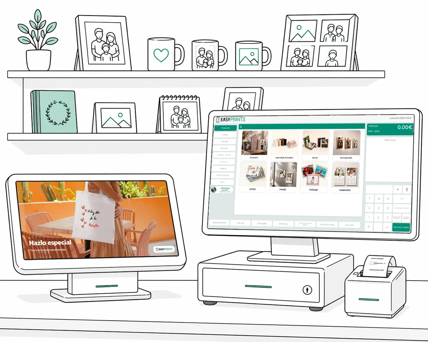 Ilustración de tienda fotográfica con TPV, kiosko y productos personalizados