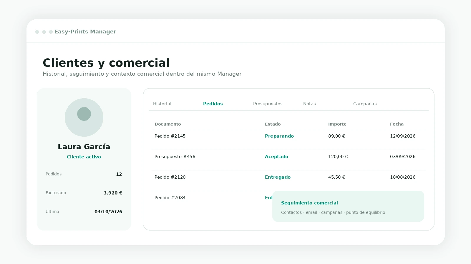 CRM, clientes y seguimiento comercial en Easy-Prints