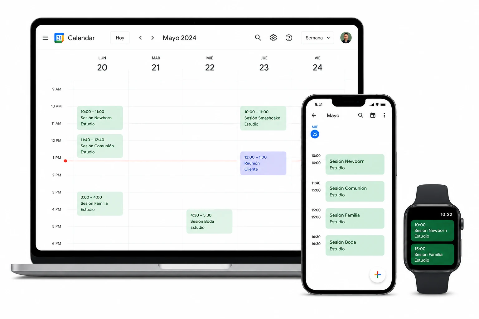 Sesiones de fotografía sincronizadas con Google Calendar en ordenador, móvil y reloj