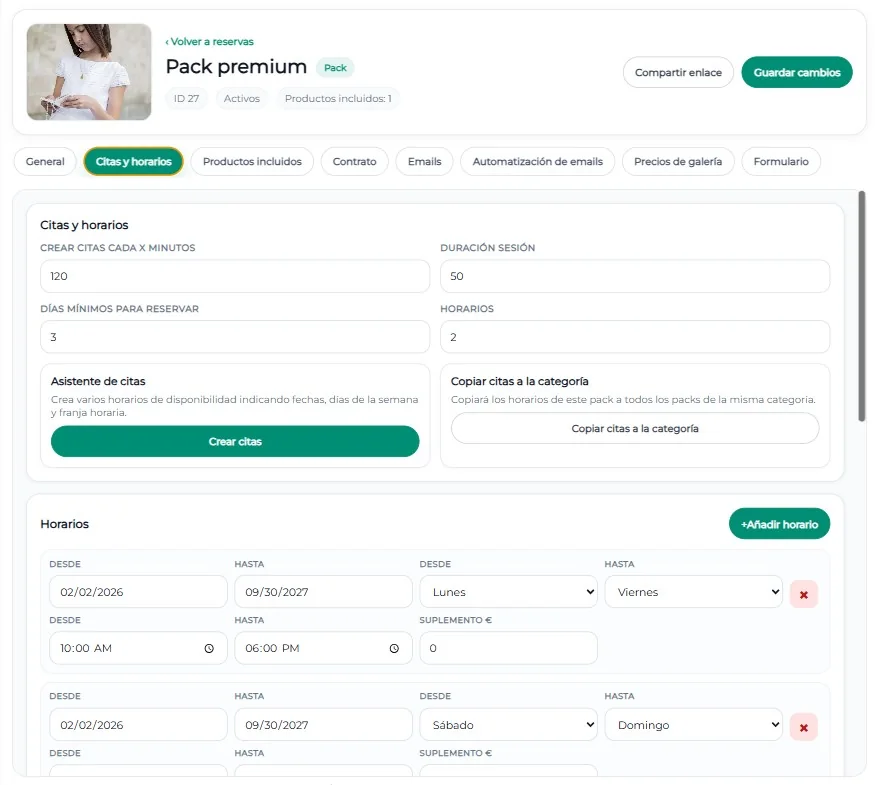 Configuración de horarios y disponibilidad de reservas