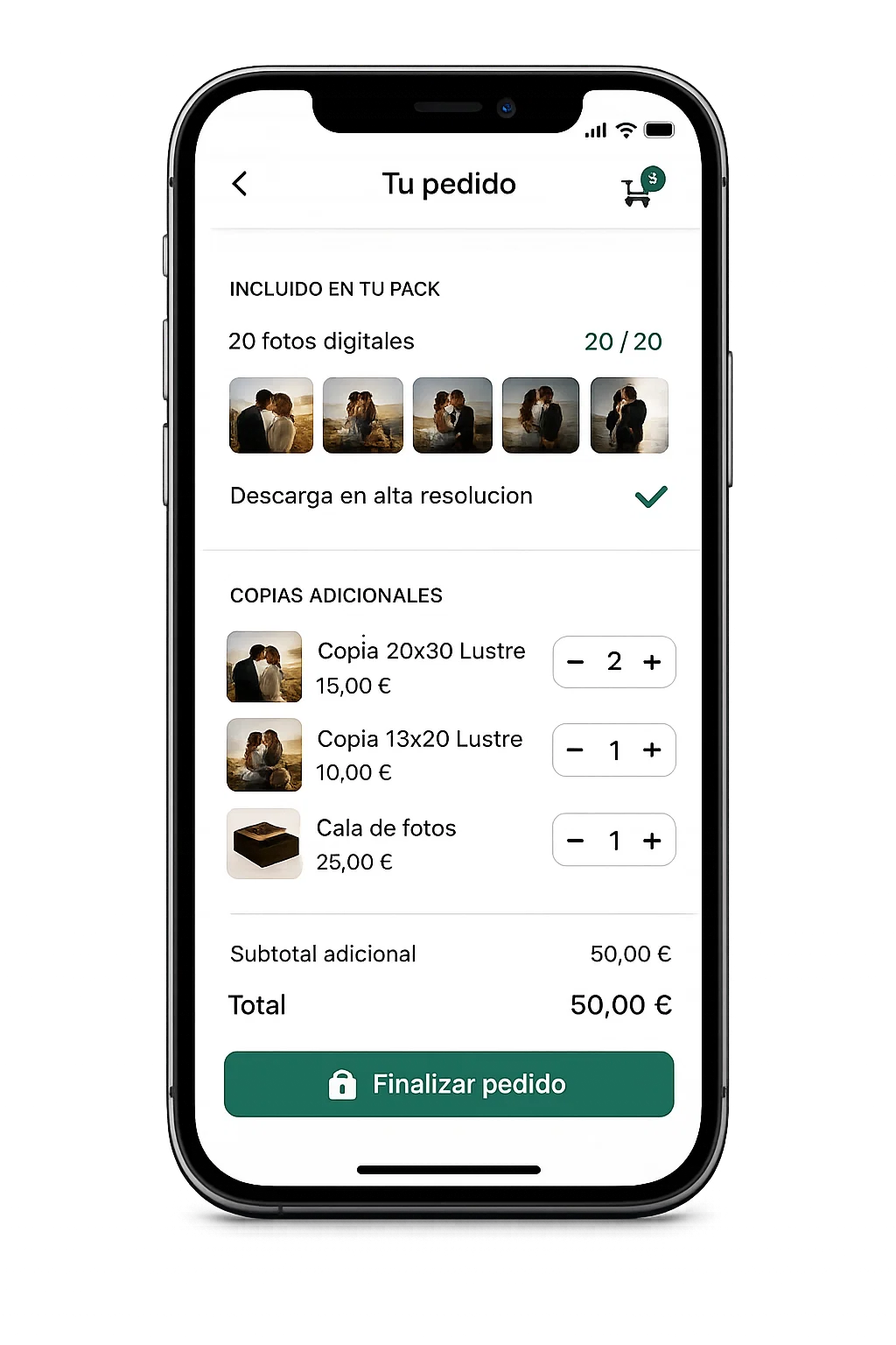 Pedido online desde móvil con productos incluidos y copias adicionales