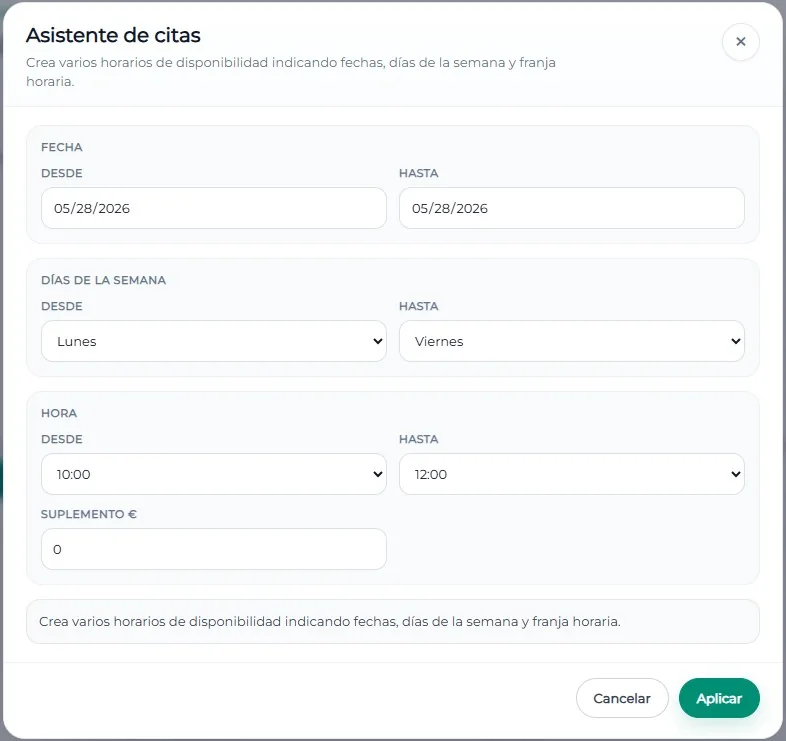 Asistente de citas para crear disponibilidad por fechas, días y franjas horarias
