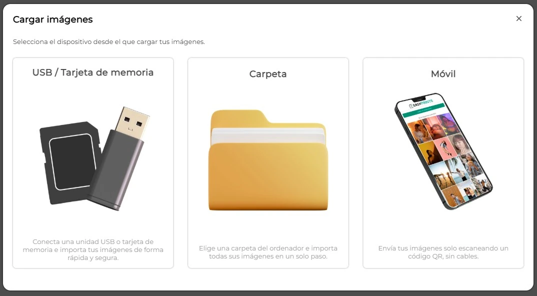 Carga de imágenes desde USB, móvil o carpeta