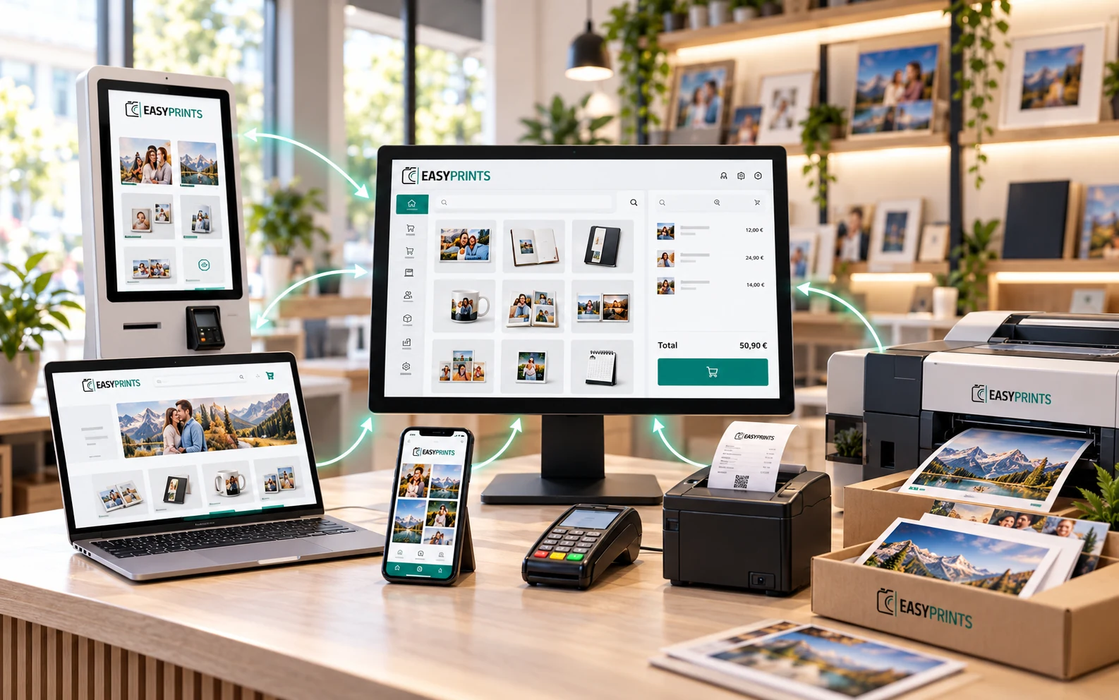 Easy-Prints Vernetztes POS con kiosko, web, móvil y producción